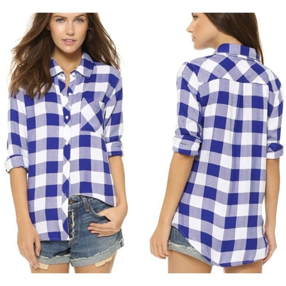 Rails Hunter Plaid Flannel Button Down Shirt Sz Small Long Sleeve Blue Rayon